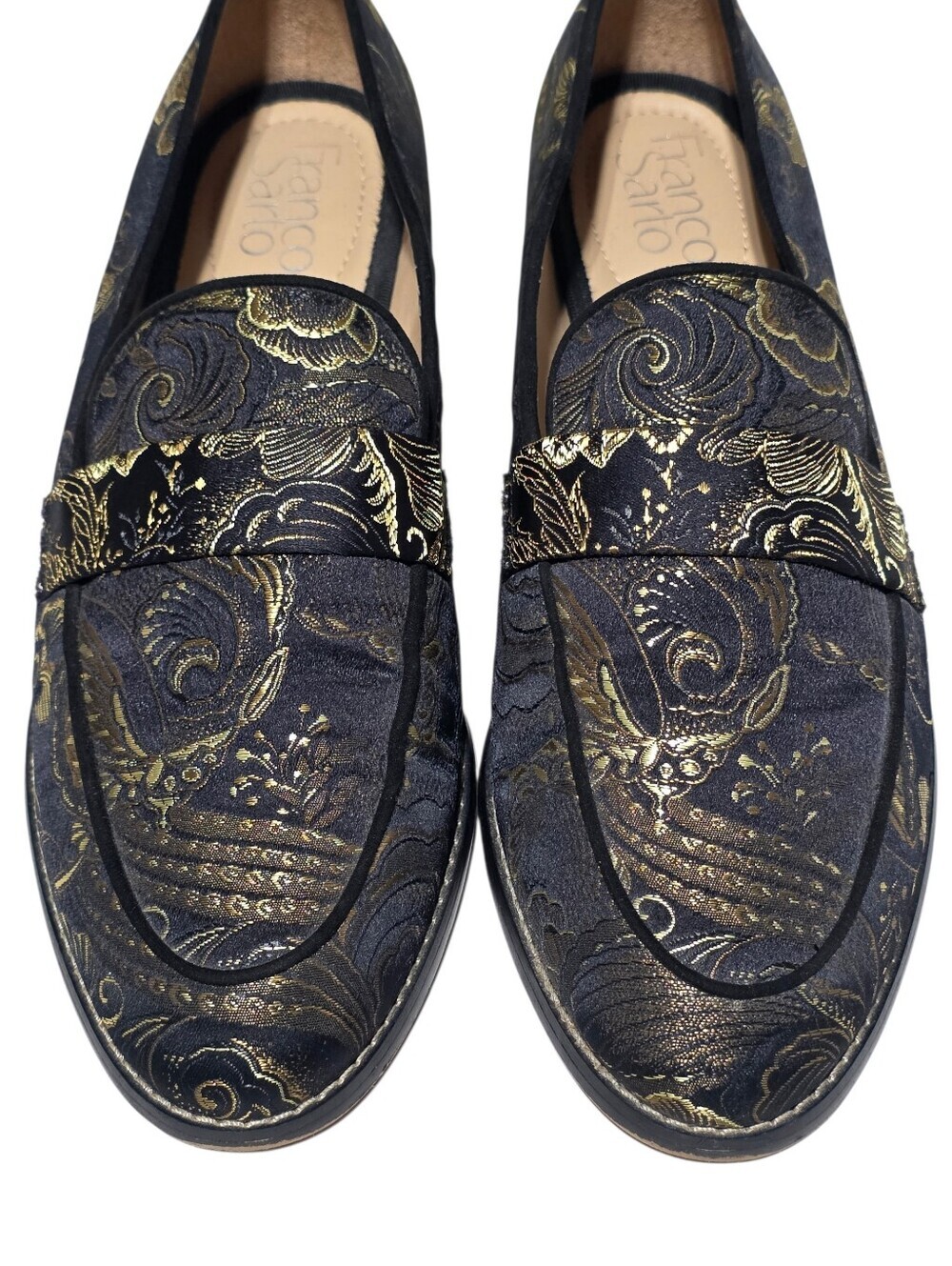 EUC FRANCO SARTO HURLEY TAPESTRY LOAFERS BLACK & GOLD BROCADE SLIP-ON FLATS SZ9 - Picture 6 of 12